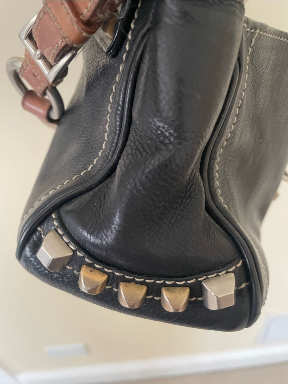 Prada Black Leather Shoulder Bag with Brown Strap and Stud Accents - Picture 4 of 6
